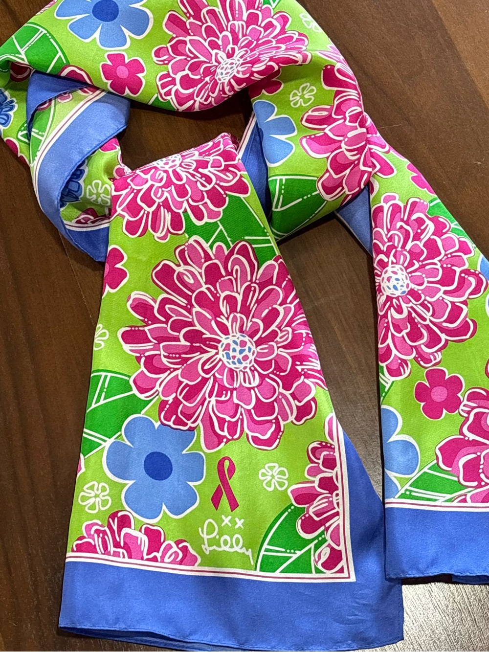 Lilly Pulitzer silk, floral breast cancer awareness scarf. Collab with Ford